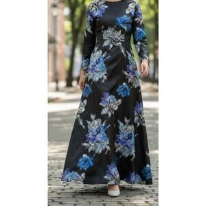 Faeriesty Evening Dress Small Black & Blue Silver Flowers Polyester Lined NEW